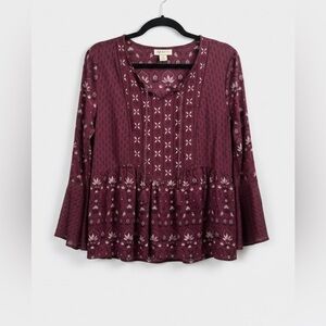 Style & Co. Boho Bell Sleeve Tassel Top Burgundy Floral Peplum